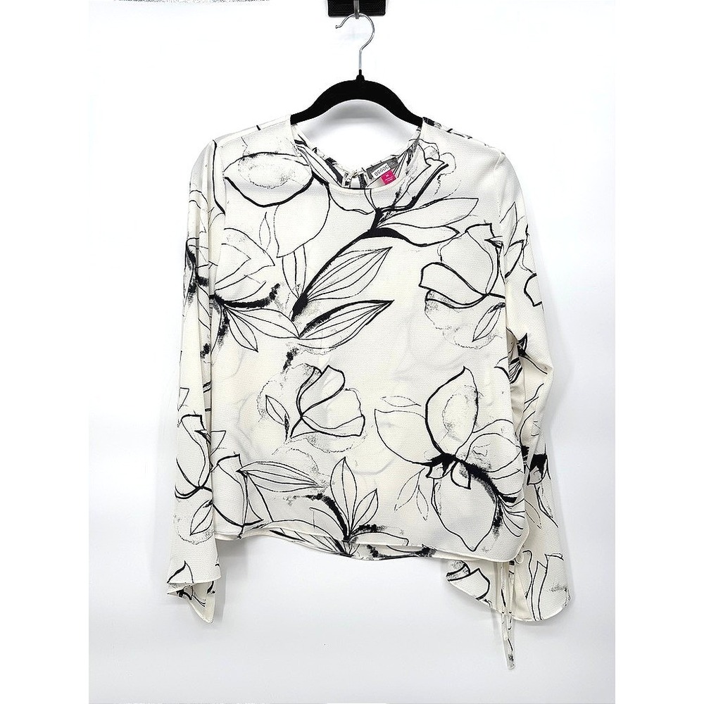 Vince Camuto Blouse Floral Ruched Side Long Sleeve Sheer Boho Casual Top MD